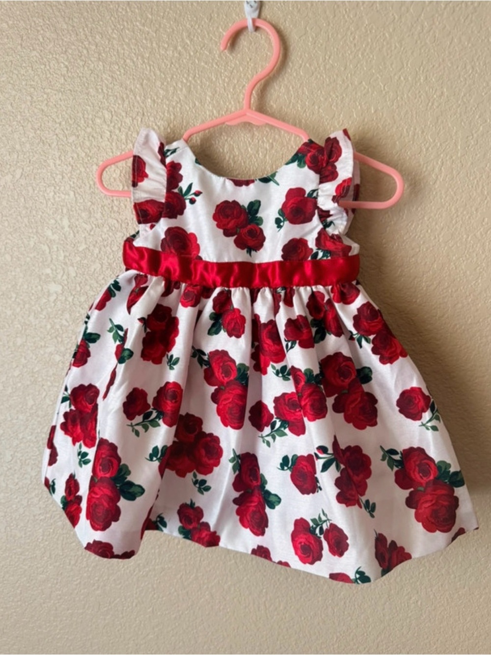 Girls Red Rose Print Sundress with Satin Waistband